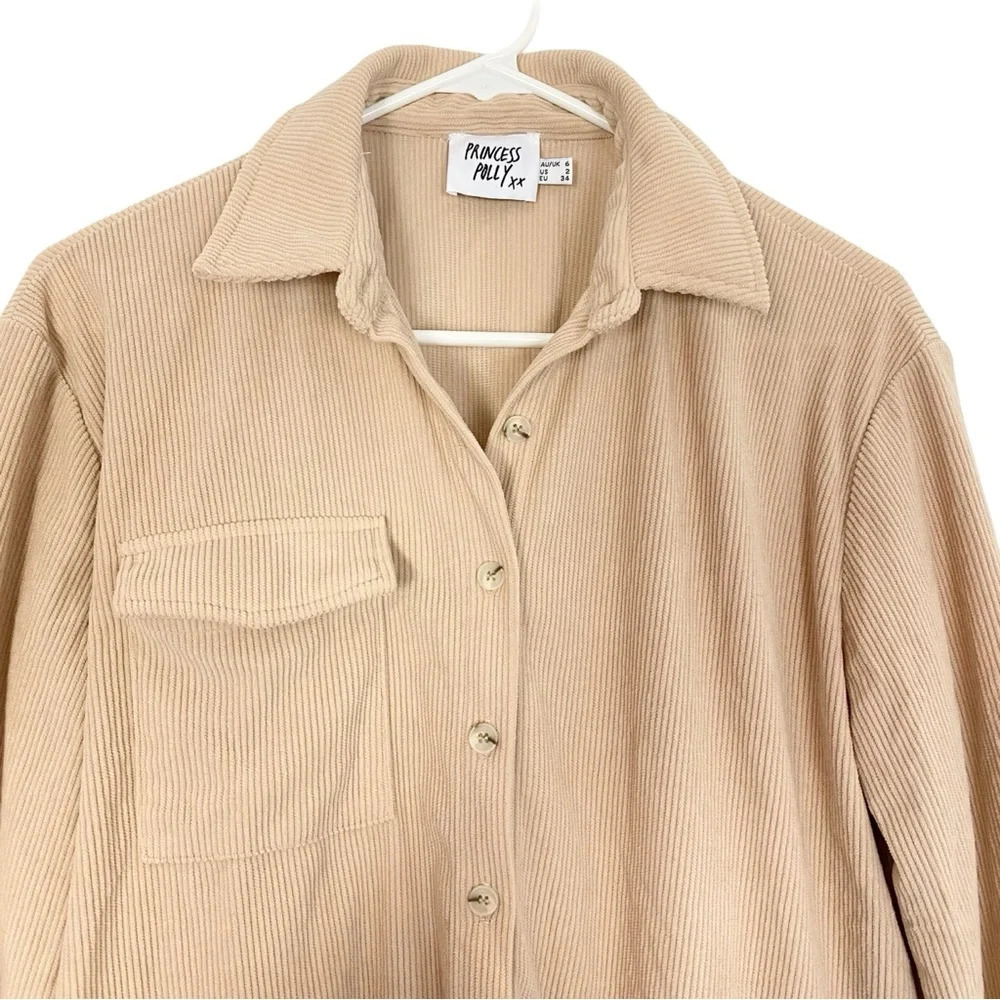 Princess Polly Corduroy Shirt Womens 2 XS Button Down Long Sleeve Nude Beige - Picture 3 of 9